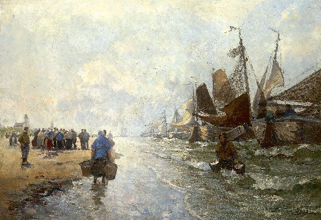 German Grobe | Return of the fishing fleet, oil on canvas, 62.0 x 87.5 cm, signed l.r. and painted circa 1916