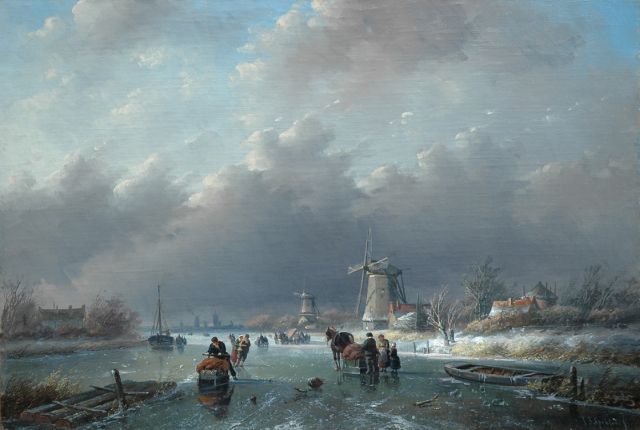 Spohler J.J.  | A winter landscape with numerous figures on the ice, oil on canvas 38.4 x 56.5 cm, signed l.r.