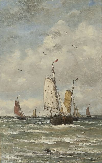 Hendrik Willem Mesdag | Fishing boats at sea, oil on canvas, 78.2 x 48.2 cm, signed l.r. and dated 1899