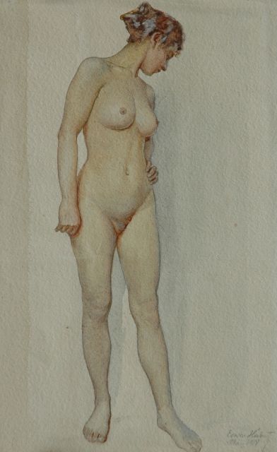 Hubert E.  | Female nude, standing, pencil and watercolour on paper 33.0 x 20.0 cm, signed l.r. and dated Mai 1918