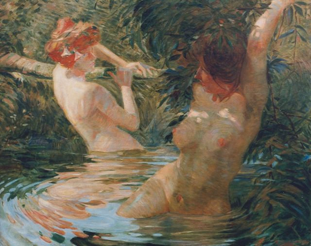 Calbet A.  | Two bathers in a forest pond, oil on canvas 80.7 x 100.0 cm, signed l.r. and dated 1914