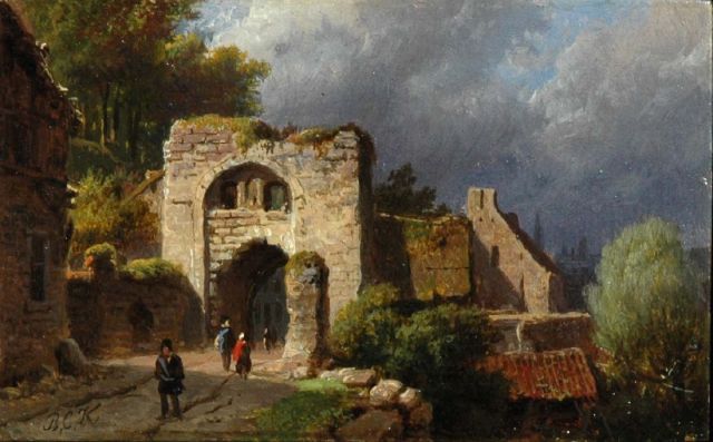 Koekkoek B.C.  | Figures at the ruins of a town gate, oil on copper 5.7 x 9.1 cm, signed l.l. with initials and painted ca. 1845-1849