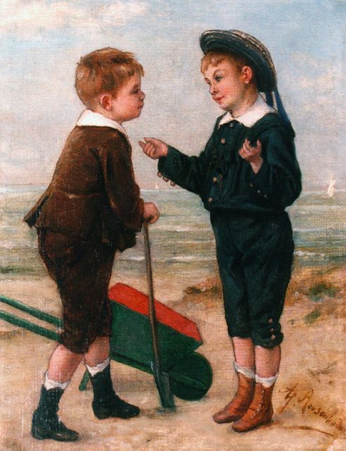 Roosenboom A.  | Two boys on the beach, oil on canvas 24.5 x 19.2 cm, signed l.r.