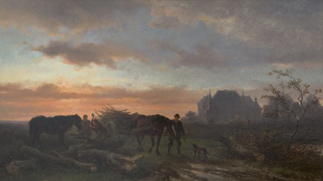 Verschuur W.  | Evening landscape and workhorses at sunset, oil on panel 26.2 x 46.0 cm, signed l.r.