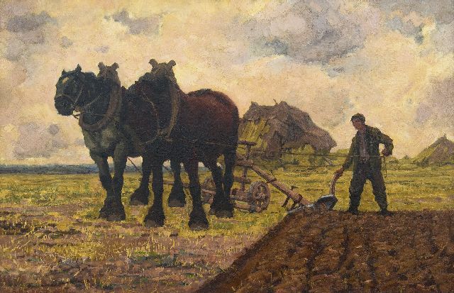 Herman Gouwe | Ploughing the fields, oil on canvas, 65.8 x 100.6 cm, signed l.l. and dated 1911