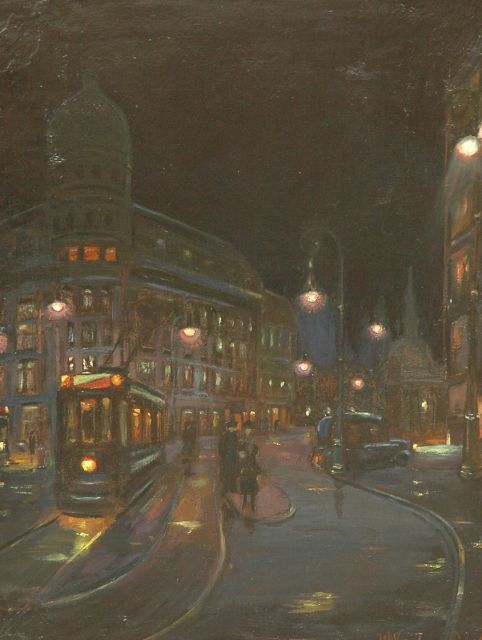 Willem Janzen | The Leidseplein, Amsterdam by night, oil on canvas, 69.2 x 54.5 cm, signed l.r. and painted Apr. 1917