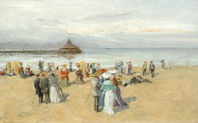 Helfferich F.W.  | Parading the beach of Scheveningen, oil on panel 24.9 x 40.1 cm, signed l.l. and painted '09