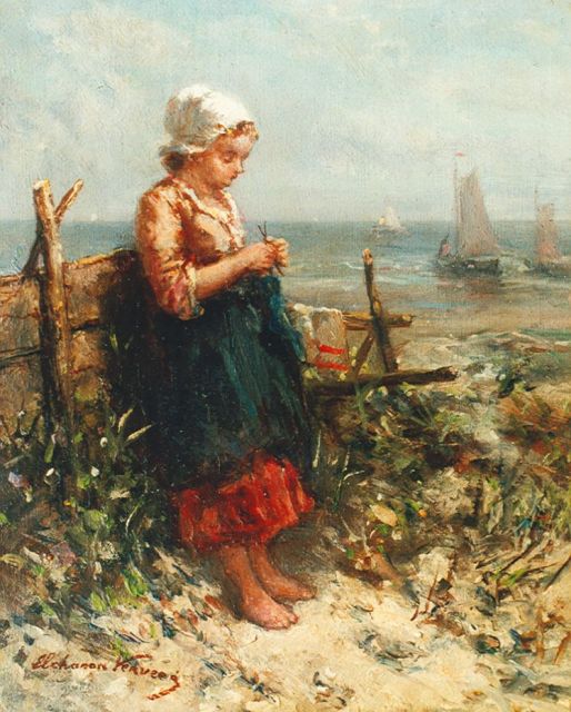 Elchanon Verveer | A girl knitting, oil on panel, 11.2 x 9.0 cm, signed l.l.