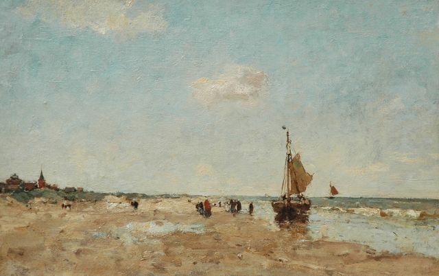Louis Stutterheim | A sailingboat and figures on the beach, oil on canvas, 35.3 x 55.1 cm