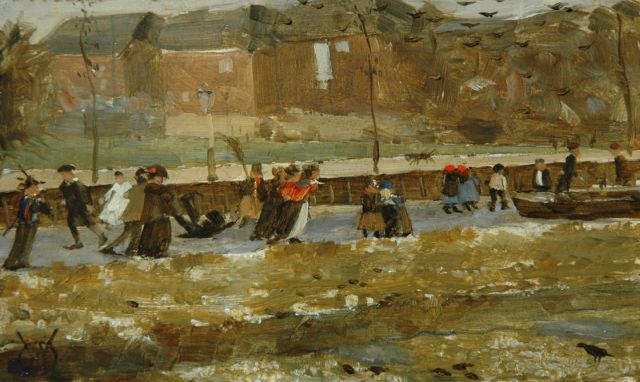 Dijsselhof G.W.  | Having fun on the ice of Oosterpark, oil on panel 9.7 x 16.0 cm, signed l.l. with monogram and executed ca. 1902-'03