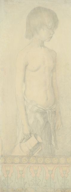 Bruinier J.M.  | Young girl carrying a jug, pencil, coloured pencil and chalk on paper 64.5 x 24.7 cm, signed l.r. with initials and painted juli '98