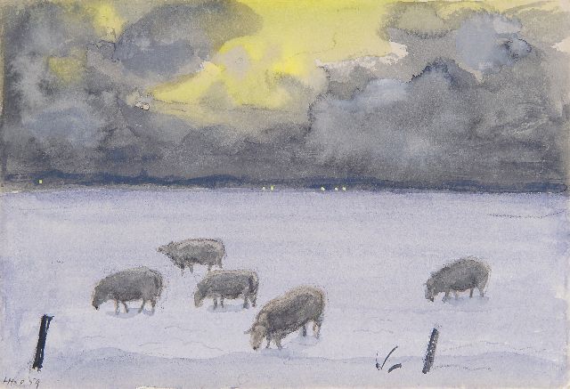 Kamerlingh Onnes H.H.  | A winter landschape with sheep, Terschelling, chalk and watercolour on paper 12.0 x 17.5 cm, signed l.l. and reverse with monogram and dated recto and reverse '59