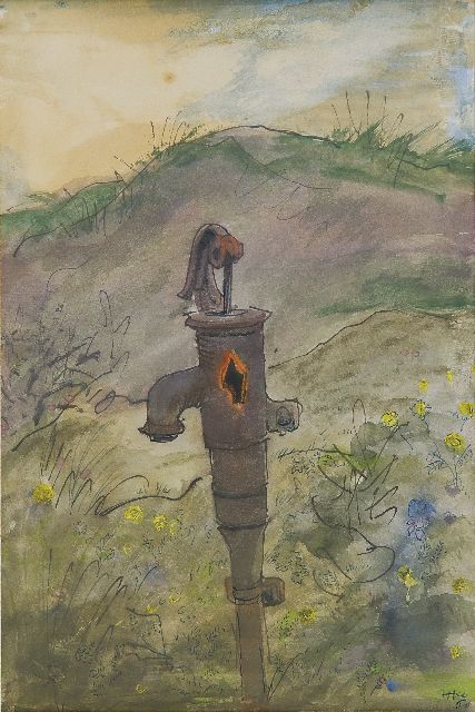 Kamerlingh Onnes H.H.  | An old waterpump in the dunes, Terschelling, pen, ink and watercolour on paper 22.2 x 15.1 cm, signed l.r. with monogram and painted '60