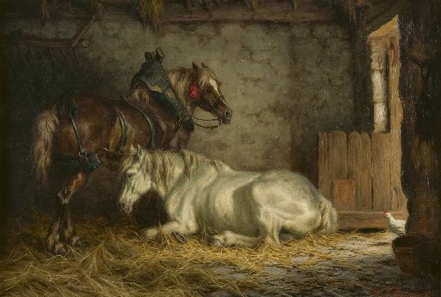 Boogaard W.J.  | Horses, resting in a stable, oil on panel 27.5 x 40.0 cm, signed l.r.