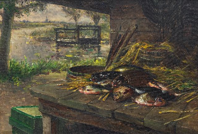 Roelofs jr. W.E.  | Old fishing mine at the water's edge, oil on canvas 31.5 x 46.0 cm, signed l.l. on the table's edge