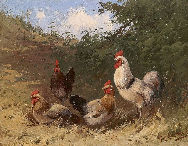 Koekkoek II M.A.  | Landscape with chickens and a rooster, oil on painter's board 14.1 x 18.1 cm, signed l.r.