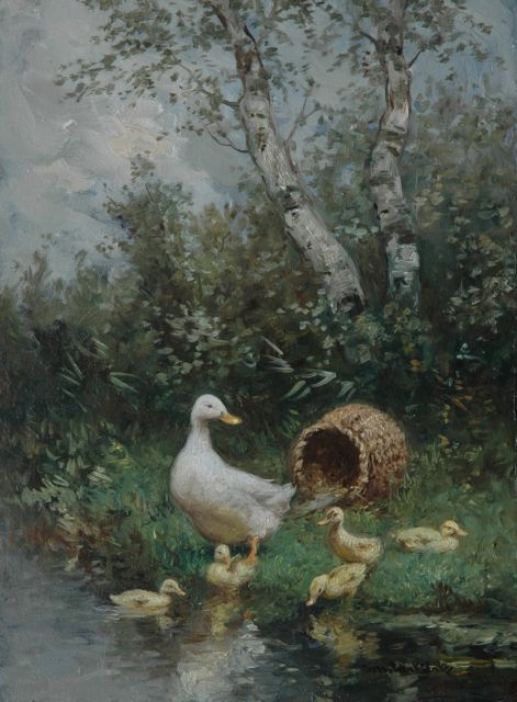 Constant Artz | Mother duck and ducklings, oil on panel, 24.0 x 18.2 cm, signed l.r.