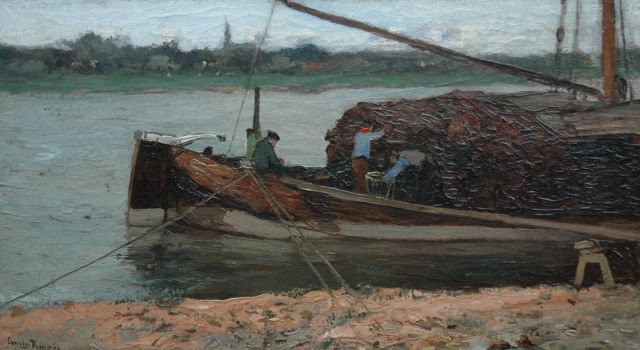 Cornelis Kuijpers | Moored peat barge, oil on canvas, 30.1 x 52.6 cm, signed l.l.