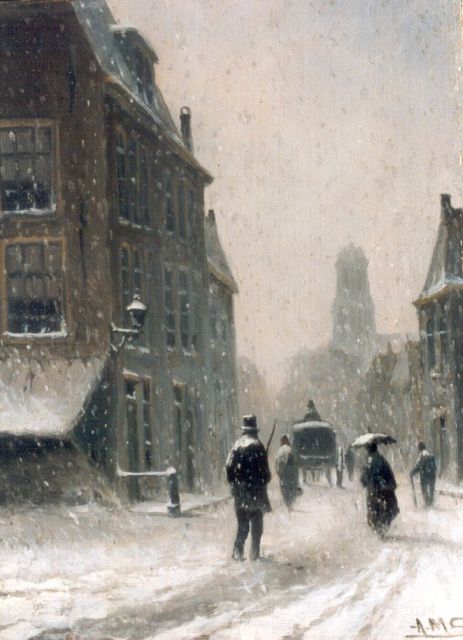 Geijp A.M.  | A snow-covered town, oil on panel 19.6 x 14.5 cm, signed l.r.