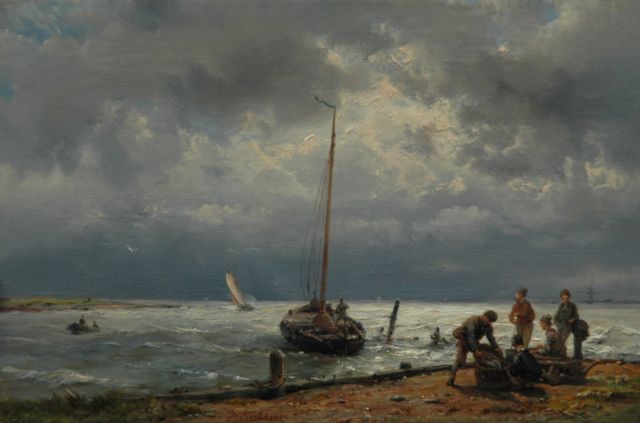 Koekkoek H.  | Unloading the catch, oil on panel 18.8 x 28.4 cm, signed l.c.