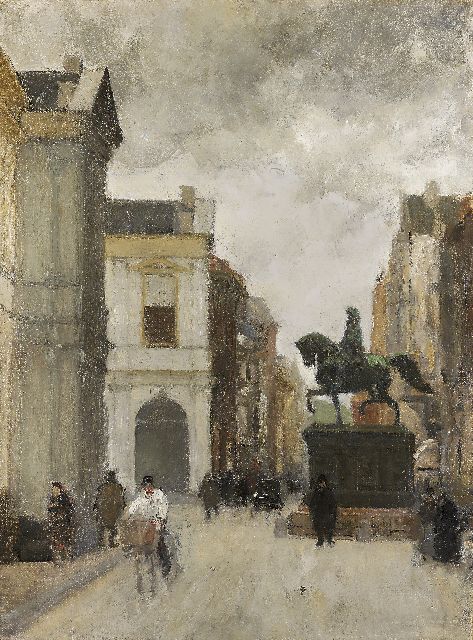 Arntzenius P.F.N.J.  | Noordeinde, The Hague, with statue of Prince Willem I, oil on canvas 60.0 x 44.9 cm, gesigneerd op spieraam