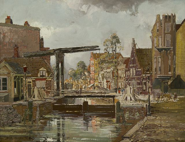 Melcher Tilmes J.H.  | Drawbridge and lock at the Overtoom, Amsterdam, oil on canvas 35.2 x 44.7 cm, signed l.l.