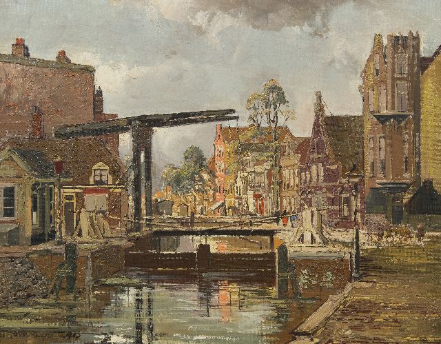 Melcher Tilmes J.H.  | Drawbridge and lock at the Overtoom, Amsterdam, oil on canvas 35.2 x 44.7 cm, signed l.l.