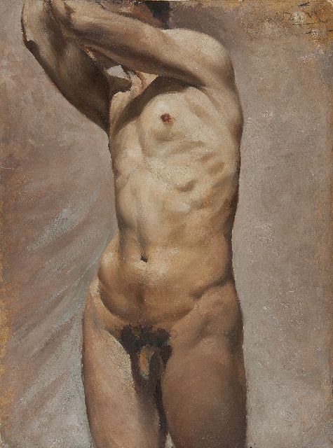 Franse School   | Study: male nude, standing, oil on board 45.0 x 33.5 cm, signed u.r.