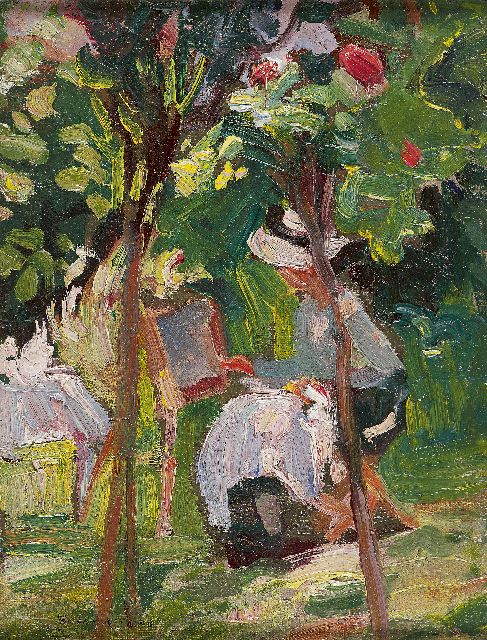 Watkins S.  | Painting in the garden, oil on canvas laid down on board 23.1 x 17.9 cm, signed l.l.