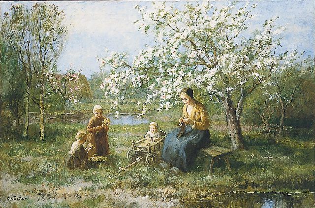 Cor Bouter | A happy family in the orchard, oil on canvas, 61.0 x 91.4 cm, signed l.l.