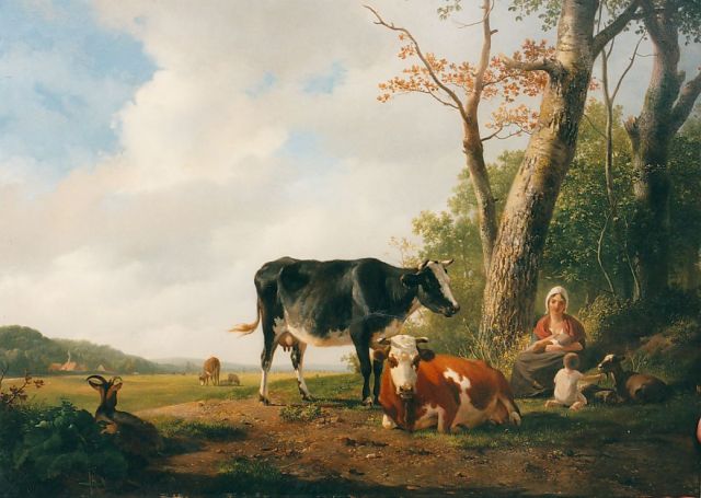Sande Bakhuyzen H. van de | A summer landscape with a cowherdess and cattle, oil on panel 47.7 x 60.7 cm, signed l.l. and dated 1829