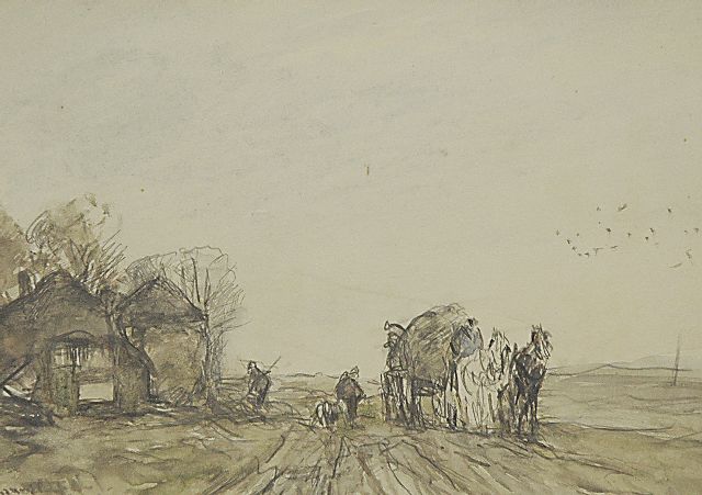 Louis Apol | Loading the hay cart, pencil and watercolour on paper, 16.5 x 23.3 cm, signed l.l.