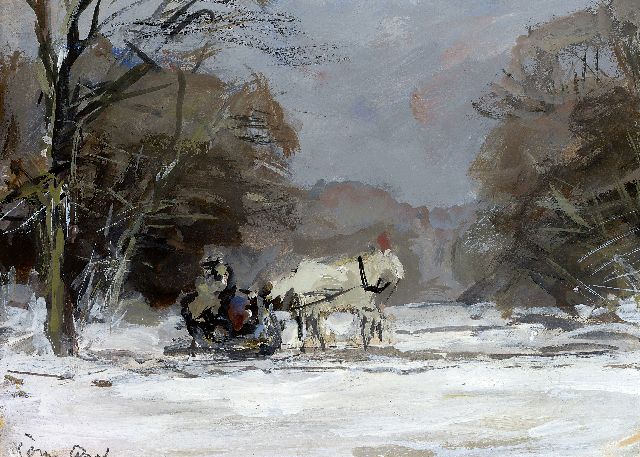 Louis Apol | A horse drawn sledge in a winter landscape, gouache on paper, 12.0 x 17.0 cm, signed l.l.