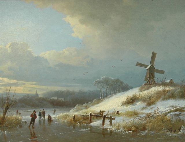 Barend Cornelis Koekkoek | Skaters on ice, oil on panel, 23.1 x 30.3 cm, signed l.r. and painted 1834