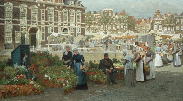 Klinkenberg J.C.K.  | A view of the Grote Markt in The Hague with two women in 'Zuid-Holland' costume, oil on canvas 82.1 x 144.0 cm, signed l.r.