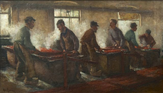 Rappard A.G.A. van | Workmen at a textile dye bath, oil on canvas 69.6 x 119.6 cm, signed l.l. and dated '91