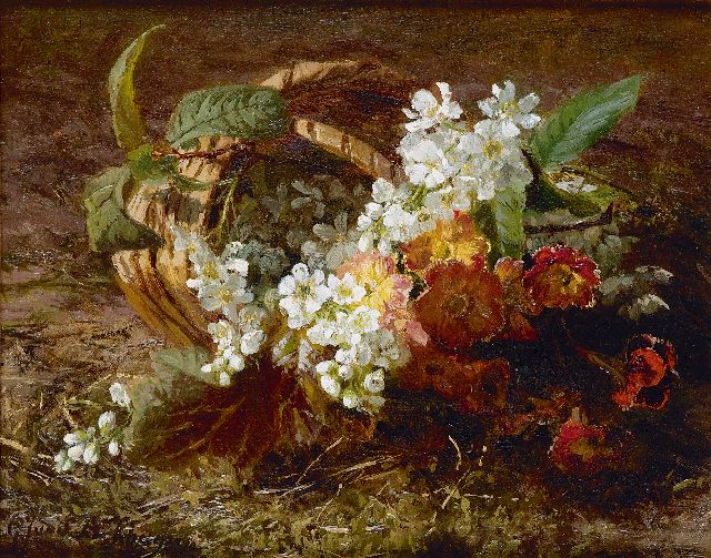Gerardine van de Sande Bakhuyzen | Still life with cherry blossoms and primula, oil on panel, 20.8 x 26.1 cm, signed l.l.
