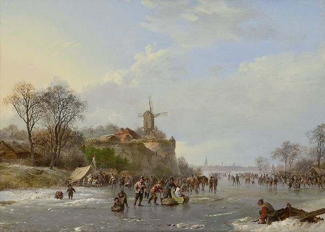 Koekkoek B.C.  | Winter landscape with skaters and a 'koek-en-zopie', oil on panel 31.4 x 43.9 cm, signed l.r. and dated 1827