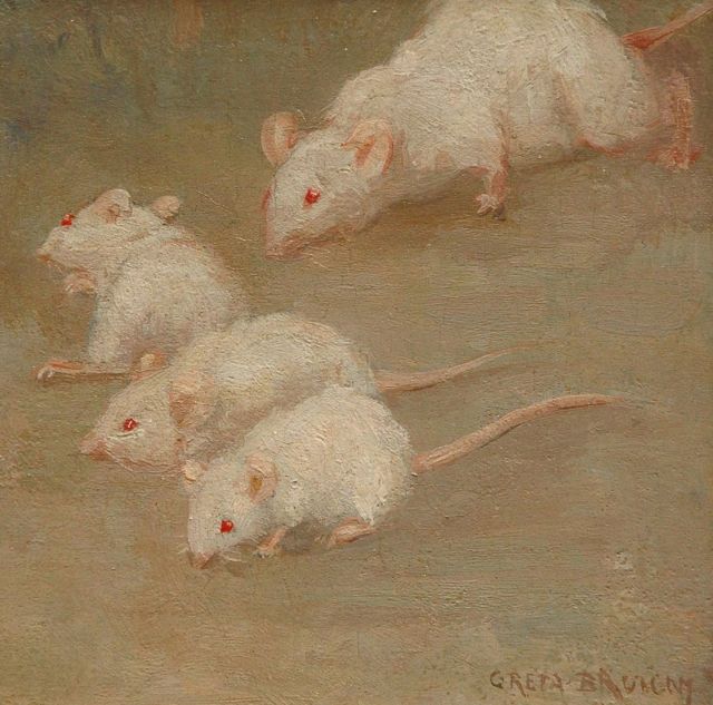 Greta Bruigom | Little white mice, oil on panel, 13.1 x 12.9 cm, signed l.r.