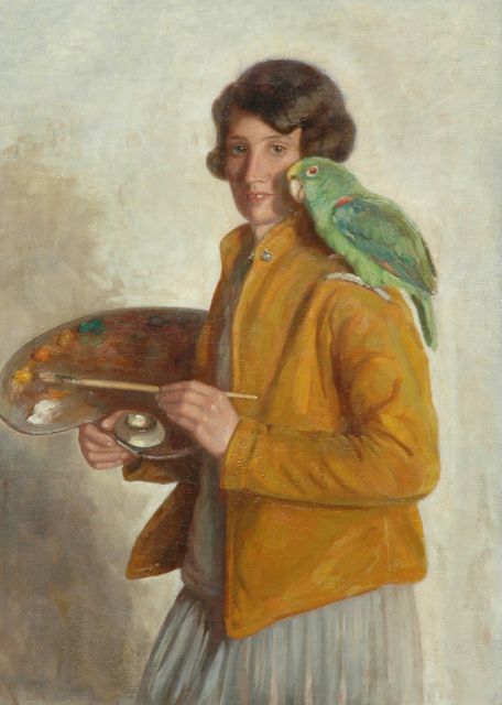 Greta Bruigom | Selfportrait with a green parrot, oil on canvas, 90.3 x 66.4 cm