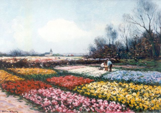 Anton Dirckx | Bulb fields with farmers at work, oil on canvas, 23.5 x 33.0 cm, signed l.r.