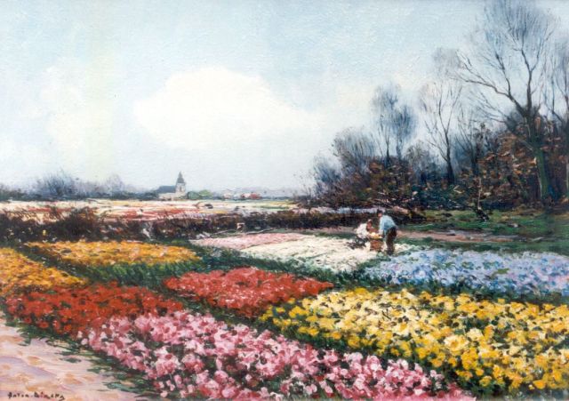 Dirckx A.B.  | Bulb fields with farmers at work, oil on canvas 23.5 x 33.0 cm, signed l.r.