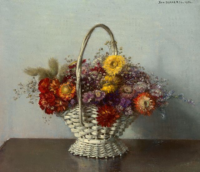 Bogaerts J.J.M.  | Bouquet of dried flowers in a basket, oil on canvas 35.0 x 40.0 cm, signed l.r. and dated 1950