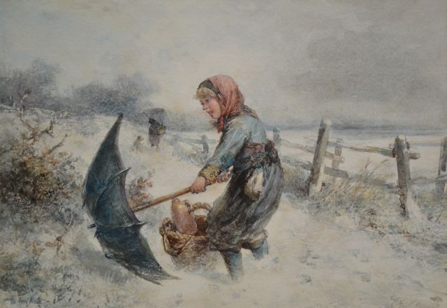 Mari ten Kate | Young girl with umbrella in the snow, black chalk and watercolour on paper, 25.1 x 35.6 cm, signed l.l.