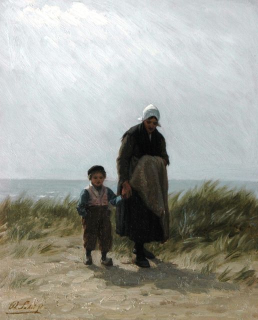 Sadée P.L.J.F.  | Mother with child in the dunes, Scheveningen, oil on panel 26.1 x 20.9 cm, signed l.l.