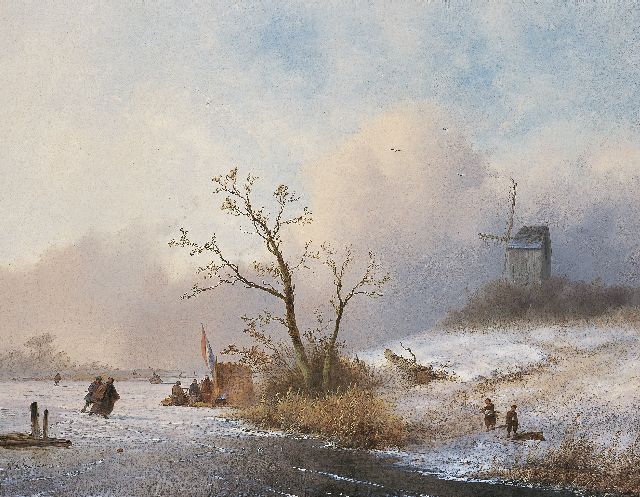 John Franciscus Hoppenbrouwers | A winter landscape with skaters and a 'koek-en-zopie', oil on canvas, 54.0 x 70.0 cm, signed l.l.