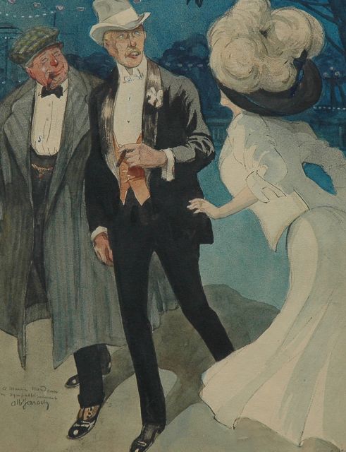 Albert Jarach | A lady and two gentlemen in Paris, black chalk and watercolour on paper, 50.0 x 32.8 cm, signed l.l.