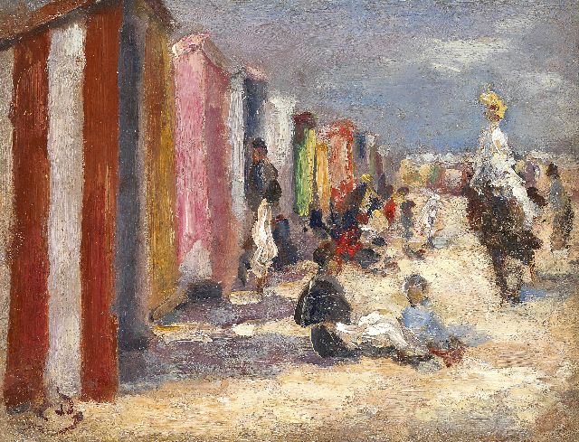 Dufour L.  | Beach scene, oil on panel 13.8 x 18.0 cm, signed l.l. with monogram