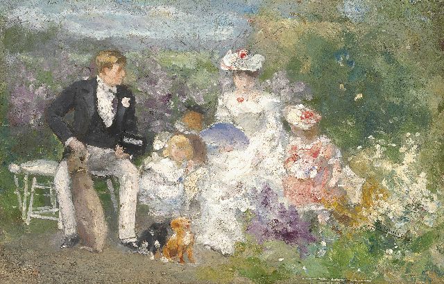 Crabeels F.N.  | Conversation in the Parc d'Anvers, oil on panel 14.3 x 21.2 cm, signed l.r.