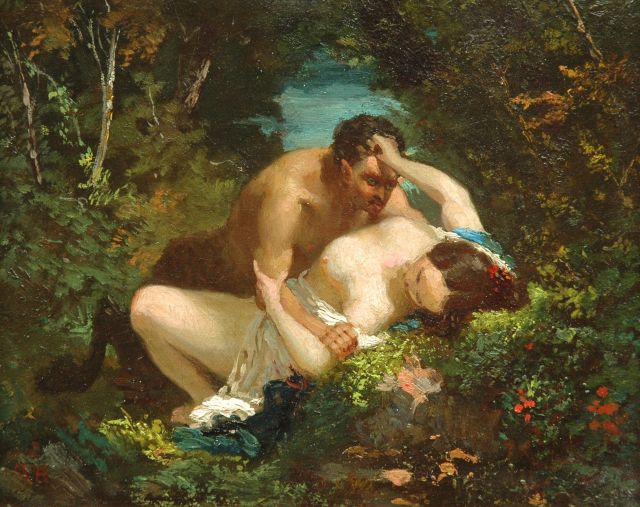 Franse School | Nymph and faun, oil on canvas, 20.0 x 24.6 cm, signed l.l. with monogram